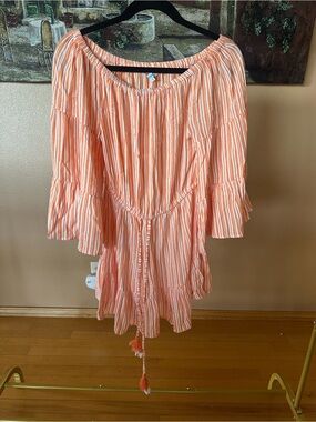 Blue Island Orange and White Striped Off-Shoulder Dress/Cover Up